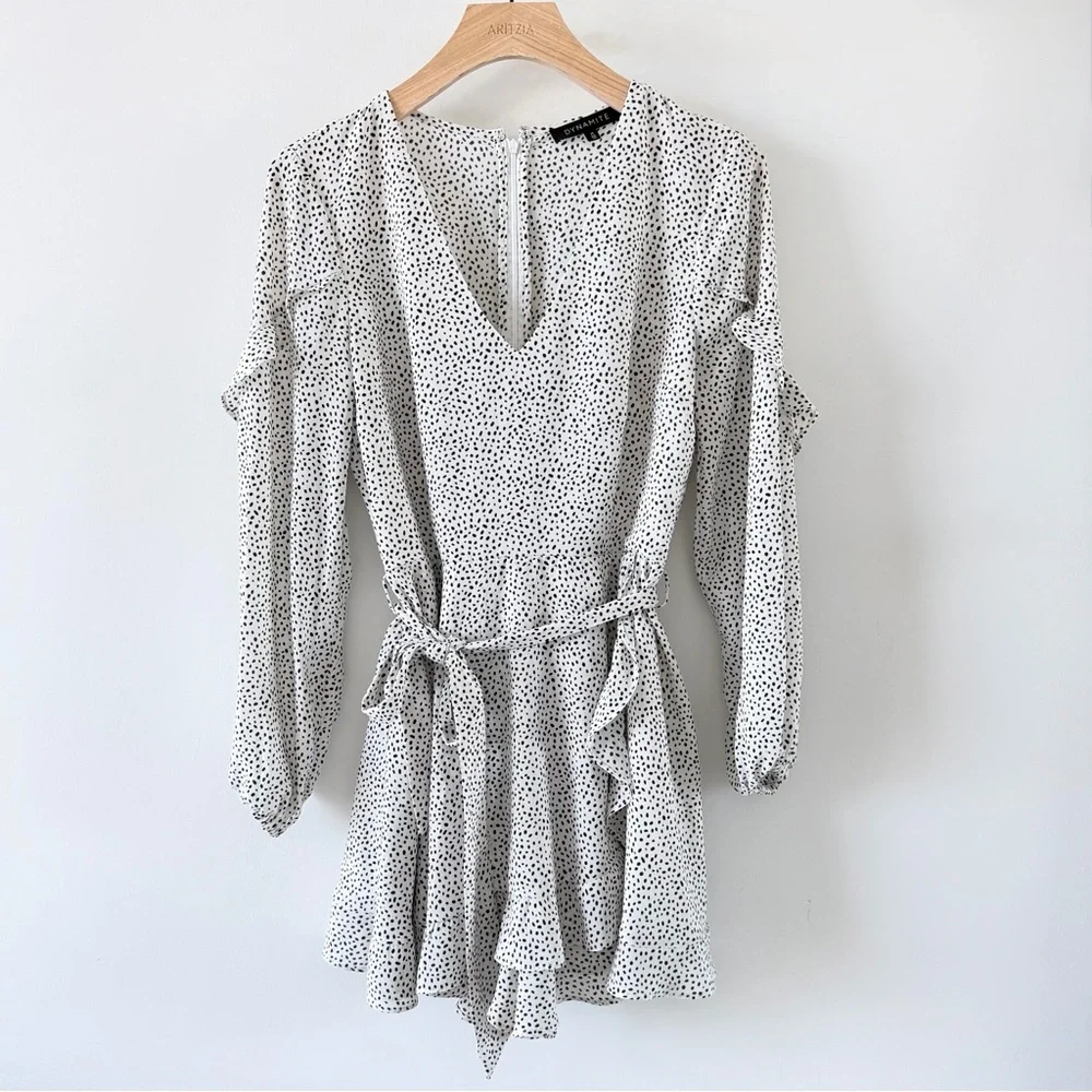 Dynamite Polka Dot Romper Belted Ruffle Mini Dress Style White Black Size M - Picture 2 of 12